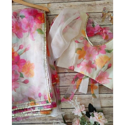 Picture of Exclusive Design white Color Georgette Printed Pearl Lace Saree With Matching Blouse pis Set Dress for women - White