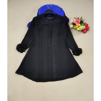 Picture of Western Fashion Black Color Floral Tops Long kurti Premium Soft  Cheri Georgette Ladies Shirt for Girls - Black