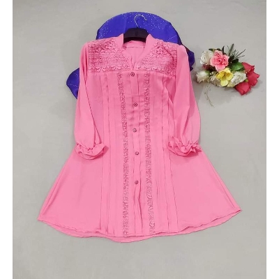 Picture of Western Fashion Pink Color Floral Tops Long kurti Premium Soft  Cheri Georgette Ladies Shirt for Girls - Pink