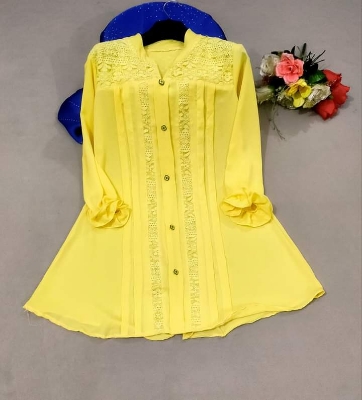 Picture of Western Fashion Yellow Color Floral Tops Long kurti Premium Soft  Cheri Georgette Ladies Shirt for Girls - Maroon