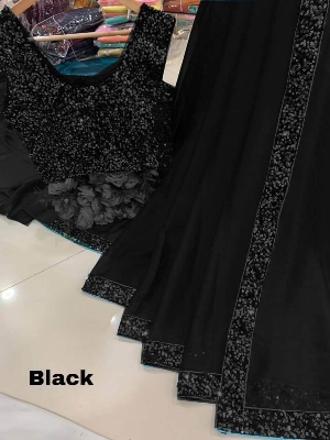 Picture of Exclusive Design Black Color Soft Georgette Sequence Work Pearl Lace Saree With Matching Blouse pis Set for women - Black