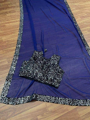 Picture of Exclusive Design Blue Color Soft Georgette Sequence Work Pearl Lace Saree With Matching Blouse pis Set for women - Blue