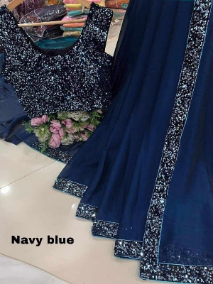 Picture of Exclusive Design Navy Blue Color Soft Georgette Sequence Work Pearl Lace Saree With Matching Blouse pis Set for women - Navy Blue