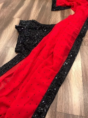 Picture of Exclusive Design Red Color Soft Georgette Sequence and stone Work Pearl Lace Saree With Matching Blouse pis Set for women - Red