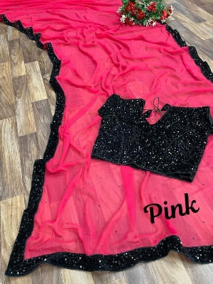 Picture of Exclusive Design Pink Color Soft Georgette Sequence and stone Work Pearl Lace Saree With Matching Blouse pis Set for women - Pink