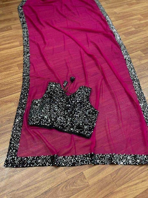 Picture of Exclusive Design Maroon Color Soft Georgette Sequence Work Pearl Lace Saree With Matching Blouse pis Set for women - Maroon