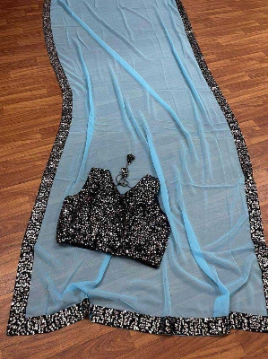 Picture of Exclusive Design Sky blue Color Soft Georgette Sequence Work Pearl Lace Saree With Matching Blouse pis Set for women - White