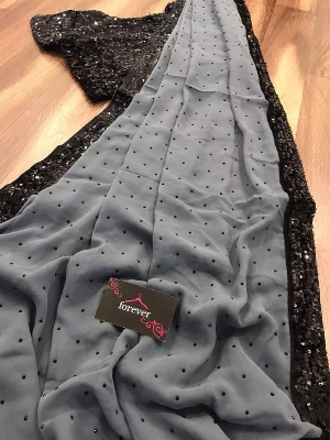 Picture of Exclusive Design Ash Color Soft Georgette Sequence and stone Work Pearl Lace Saree With Matching Blouse pis Set for women - Dark Ash