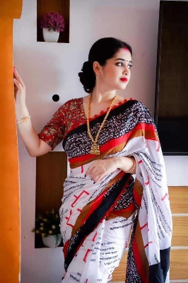 Picture of Screen Print Saree New Collection White Color Fashionable Stylish and Comfortable, Half Silk Sharee For Women - White