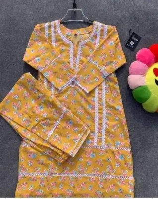 Picture of Western Fashion Sadabahar 2pis Set Muslin cotton with digital print Readymade Less work Salwar Kameez for Women - Yellow