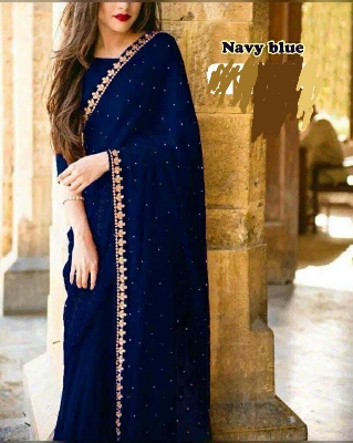 Picture of Exclusive Design Navy Blue Color Georgette Ston Work Boder Lace Saree With Matching Blouse pis for women - Rainbow