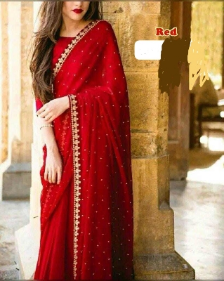 Picture of Exclusive Design Red Color Georgette Ston Work Boder Lace Saree With Matching Blouse pis for women - Red