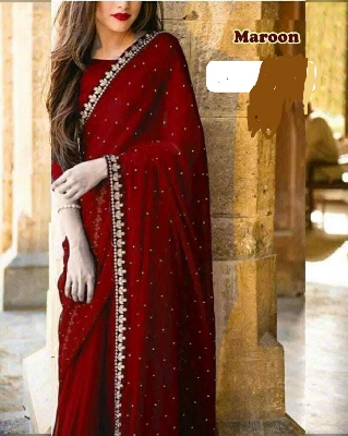Picture of Exclusive Design Maroon Color Georgette Ston Work Boder Lace Saree With Matching Blouse pis for women - Maroon