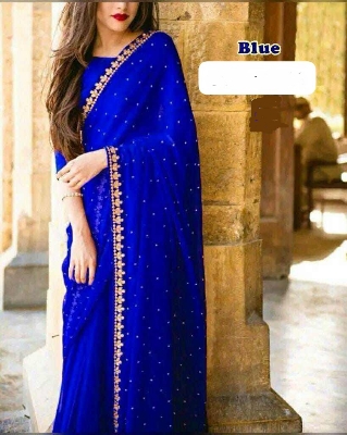 Picture of Exclusive Design Blue Color Georgette Ston Work Boder Lace Saree With Matching Blouse pis for women - Blue