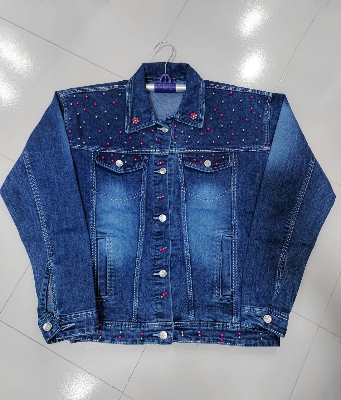 Picture of Women Fashionable Blue Color Pearls work trending Jeans Jacket - Blue