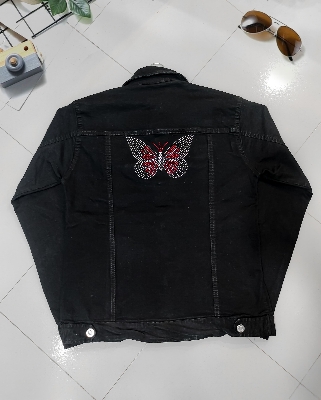 Picture of Women Fashionable Blue Color Embroidry work trending Jeans Jacket - Black