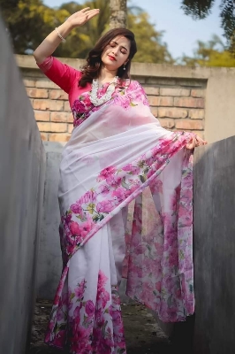 Picture of New Exclusive Design White Color Chandini  Soft Silk Digital Print Saree for women - White