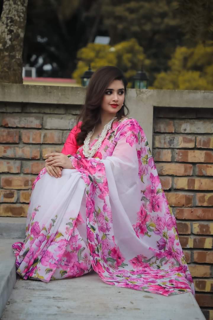 Picture of New Exclusive Design White Color Chandini  Soft Silk Digital Print Saree for women - White