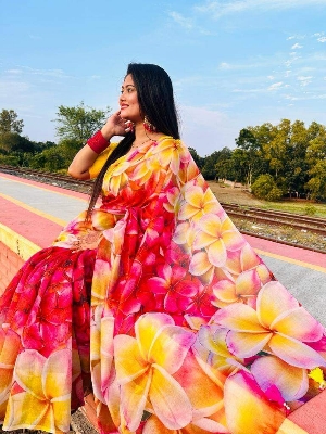 Picture of New Exclusive Design Red Color Chandini  Soft Silk Digital Print Saree for women - Red