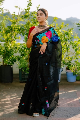 Picture of New Exclusive Design Black Color Moslin Soft Silk  Embroidery work Saree for women - Black
