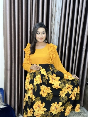 Picture of Western Fashion Yellowi ColorTarkis gawn Fabric-Hitcut Georgette Ladies Shirt for Girls - Yellow