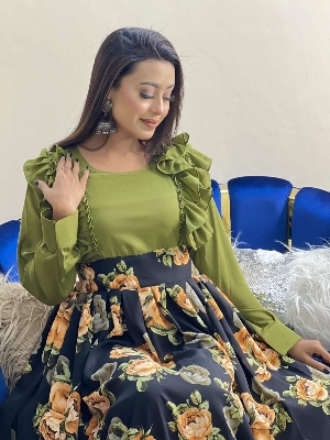 Picture of Western Fashion Olive ColorTarkis gawn Fabric-Hitcut Georgette Ladies Shirt for Girls - Olive