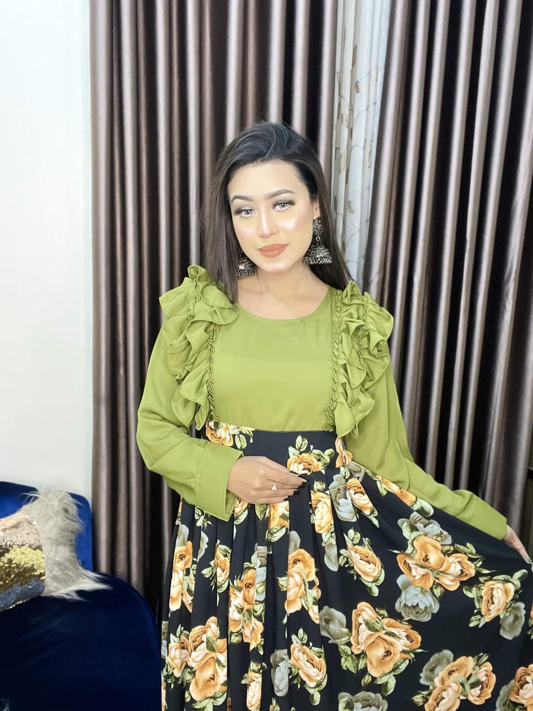 Picture of Western Fashion Olive ColorTarkis gawn Fabric-Hitcut Georgette Ladies Shirt for Girls - Olive