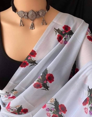 Picture of Exclusive Design White Color Georgette Printed Saree With Matching Blouse pis Set Dress for women - White