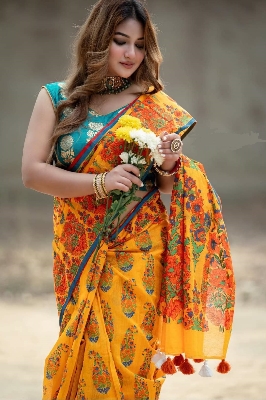 Picture of New Exclusive Design Yellow Color Half Silk Digital Print Saree for women - Yellow