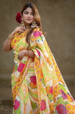 Picture of New Exclusive Design White Color Half Silk Digital Print Saree for women - White