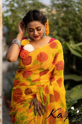 Picture of New Exclusive Design Yelloe Color Half Silk Digital Print Saree for women - Yellow