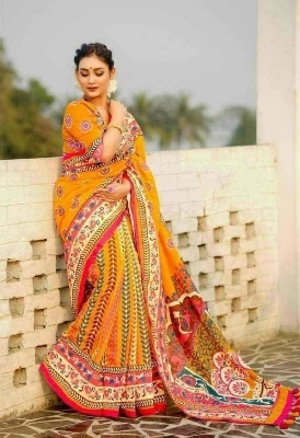 Picture of New Exclusive Design Yellow Color Half Silk Digital Print Saree for women - White