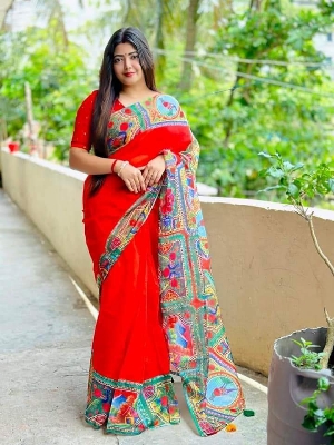 Picture of Hand Print Saree New Collection Pink Color Fashionable Stylish and Comfortable Traditional Clothing formal wear For Women - Red