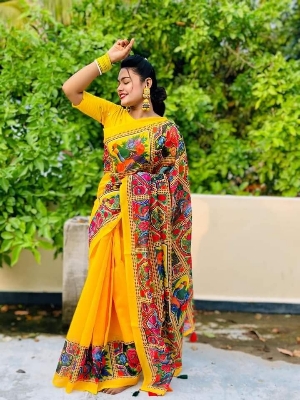Picture of New Exclusive Design Yellow Color Chandini  Soft Silk Digital Print Saree for women - Yellow