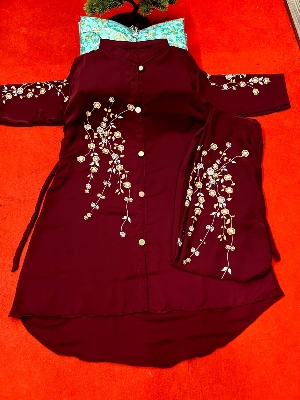 Picture of Western Fashion Ladis Stitched Maroon Color Freal Tops and Pant Double Georgette  style Kurti  dress for wome - Maroon