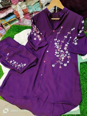 Picture of Western Fashion Ladis Stitched Purple Color Tops and Pant Double Georgette  style Kurti  dress for wome - Purple