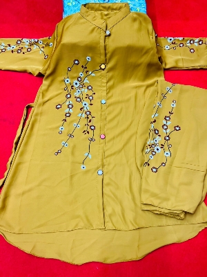 Picture of Western Fashion Ladis Stitched Yellow Color Freal Tops and Pant Double Georgette  style Kurti  dress for wome - Yellow