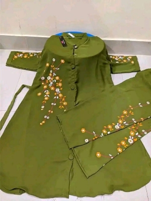 Picture of Western Fashion Ladis Stitched Olive Color Tops and Pant Double Georgette  style Kurti  dress for wome - Olive