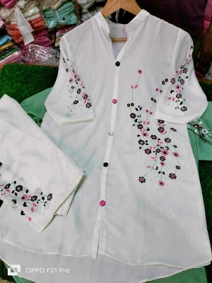 Picture of Western Fashion Ladis Stitched White Color Tops and Pant Double Georgette  style Kurti  dress for wome - White