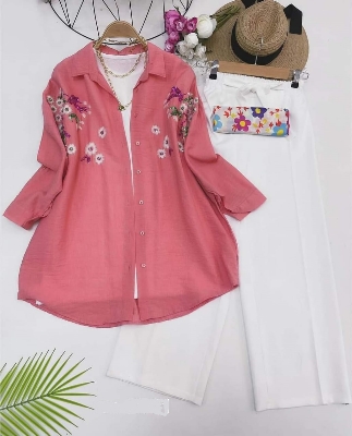 Picture of Western Fashion Ladis Stitched Pink Color Tops and Pant Double Georgette  style Kurti  dress for wome - Pink