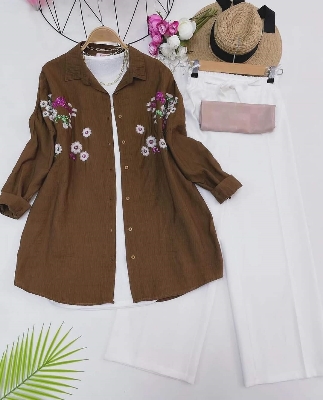 Picture of Western Fashion Ladis Stitched Coffee Color Tops and Pant Double Georgette  style Kurti  dress for wome - Coffee