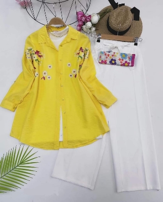 Picture of Western Fashion Ladis Stitched Yellow Color Tops and Pant Double Georgette  style Kurti  dress for wome - Yellow