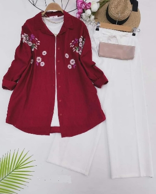 Picture of Western Fashion Ladis Stitched Maroon Color Tops and Pant Double Georgette  style Kurti  dress for wome - Maroon