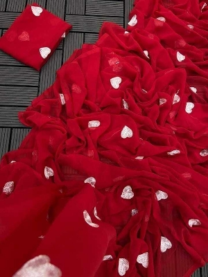 Picture of Exclusive Design Red Color Georgette Embroidry work Saree With Matching Blouse pis for women - Red
