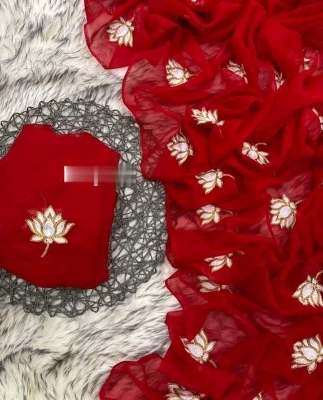 Picture of Exclusive Design Red Color Georgette Embroidry work Saree With Matching Blouse pis for women - Red