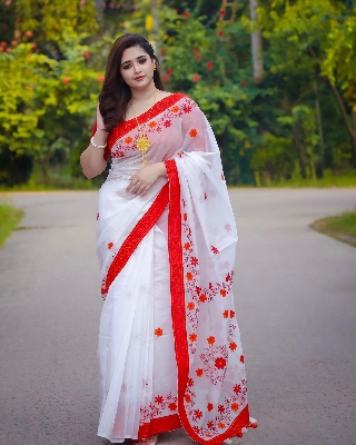 Picture of New Exclusive Design white Color Half Silk Digital Print Saree for women - White