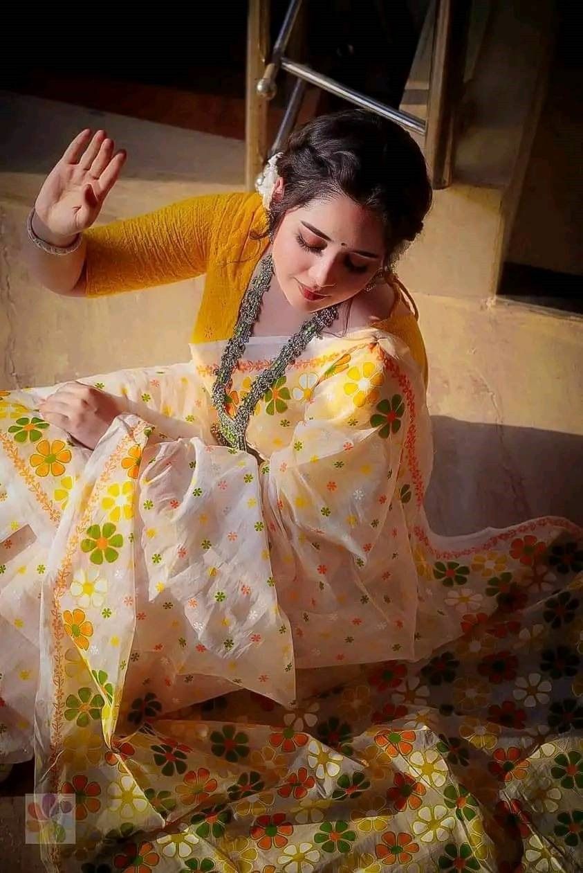 Picture of New Exclusive Design white Color Half Silk Digital Print Saree for women - White