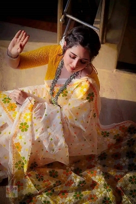 Picture of New Exclusive Design white Color Half Silk Digital Print Saree for women - White