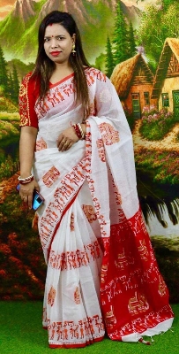 Picture of New Exclusive Design White Color Half Silk Digital Print Saree for women - White
