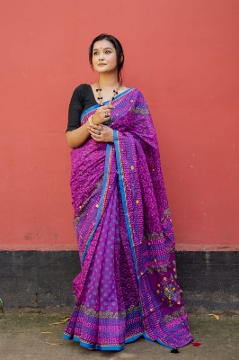 Picture of New Exclusive Design Purple Color Tat Butick Embroidery work Digital Print Saree for women - Purple